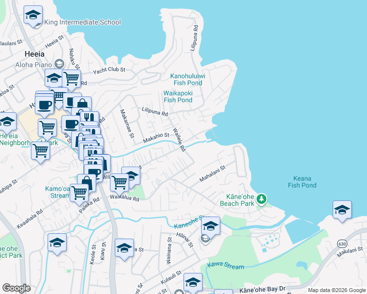 map of restaurants, bars, coffee shops, grocery stores, and more near 45-912 Wailele Road in Kaneohe