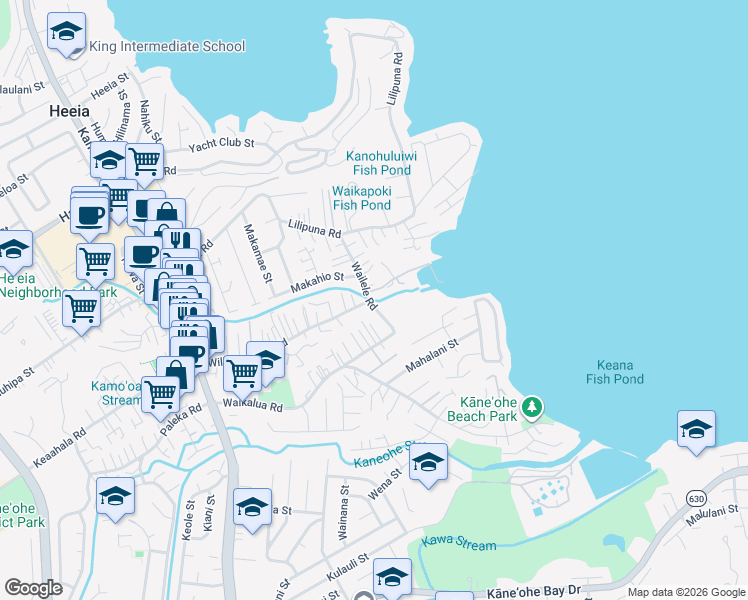 map of restaurants, bars, coffee shops, grocery stores, and more near 45-912 Wailele Road in Kaneohe