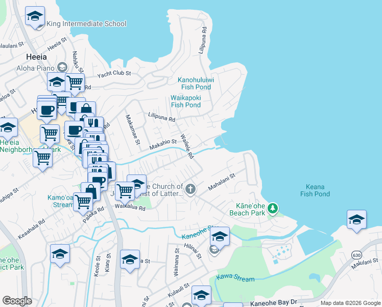 map of restaurants, bars, coffee shops, grocery stores, and more near 45-912 Wailele Road in Kaneohe