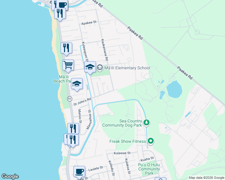 map of restaurants, bars, coffee shops, grocery stores, and more near 87-288 Saint John's Road in Waianae