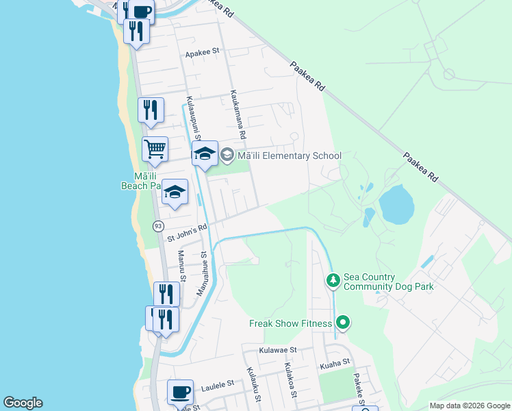 map of restaurants, bars, coffee shops, grocery stores, and more near 87-288 Saint John's Road in Waianae