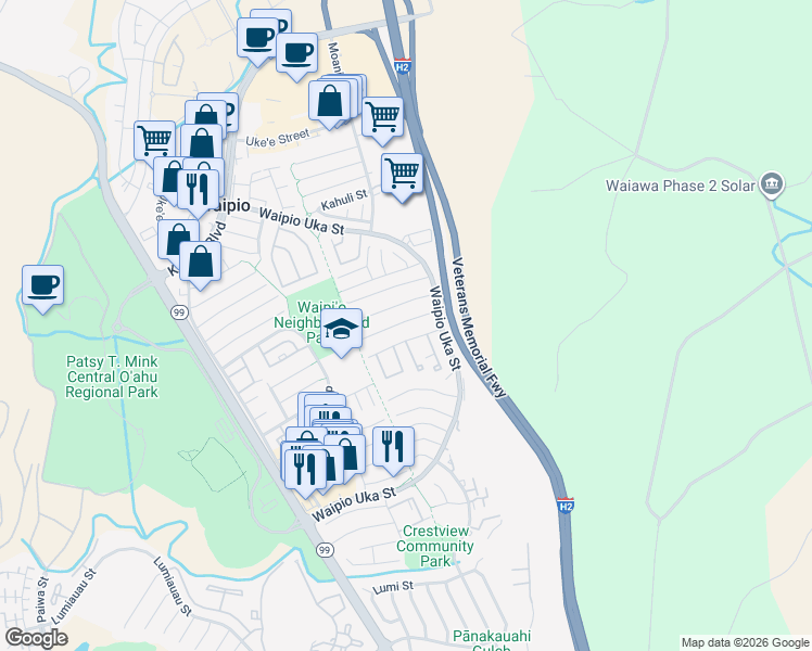 map of restaurants, bars, coffee shops, grocery stores, and more near 94-1144 Mohalu Street in Waipahu