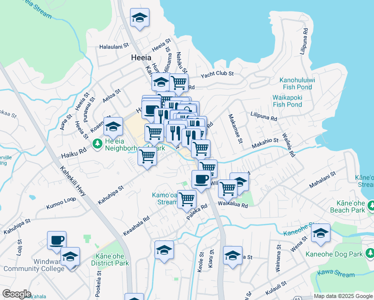 map of restaurants, bars, coffee shops, grocery stores, and more near 460004 Kamehameha Highway in Kaneohe