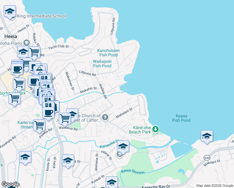 map of restaurants, bars, coffee shops, grocery stores, and more near 45-947 Wailele Road in Kaneohe