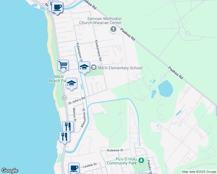 map of restaurants, bars, coffee shops, grocery stores, and more near 87-304D Saint John's Road in Waianae