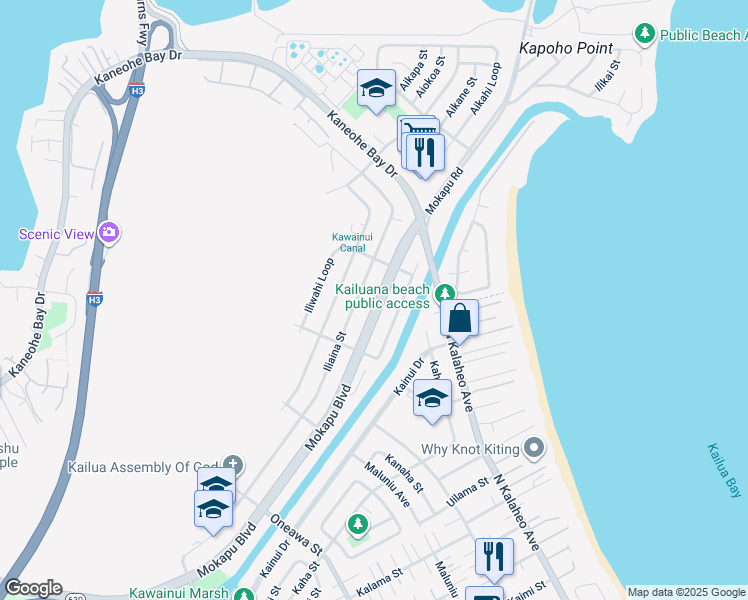 map of restaurants, bars, coffee shops, grocery stores, and more near 418 Iliaina Street in Kailua