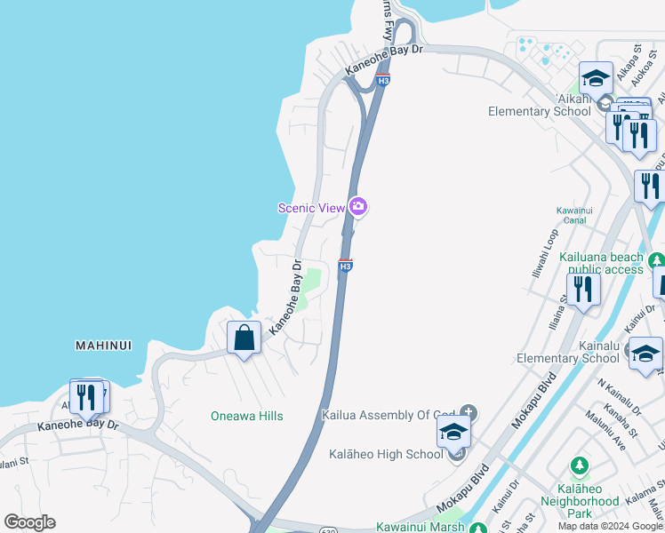 map of restaurants, bars, coffee shops, grocery stores, and more near 44 Laha Street in Kaneohe