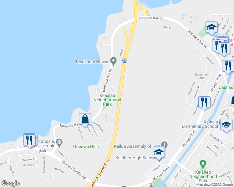 map of restaurants, bars, coffee shops, grocery stores, and more near 44 Laha Street in Kaneohe