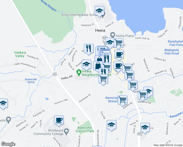 map of restaurants, bars, coffee shops, grocery stores, and more near 46-68 Alaloa Street in Kaneohe