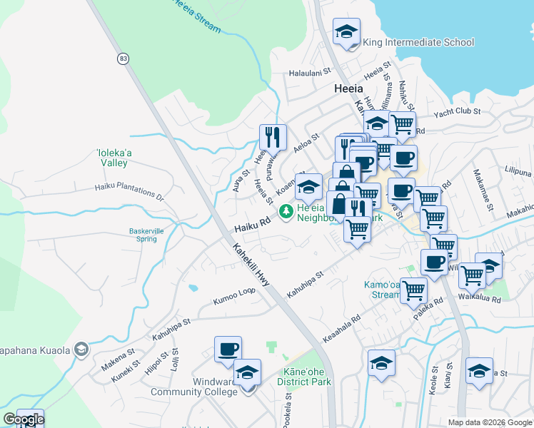 map of restaurants, bars, coffee shops, grocery stores, and more near 46-302 Heeia Street in Kaneohe