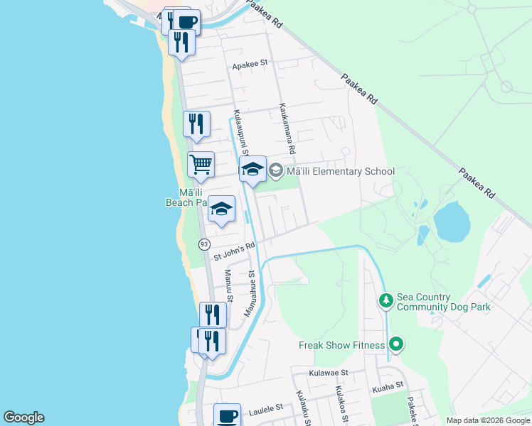 map of restaurants, bars, coffee shops, grocery stores, and more near 87-402 Kulaaupuni Street in Waianae