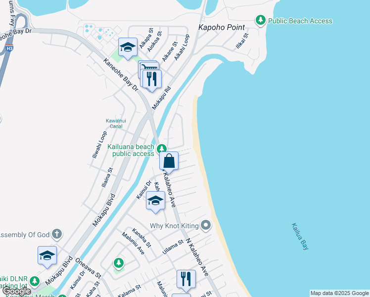 map of restaurants, bars, coffee shops, grocery stores, and more near 145 Kailuana Loop in Kailua