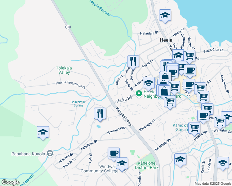 map of restaurants, bars, coffee shops, grocery stores, and more near 46-310 Hoauna Street in Kaneohe