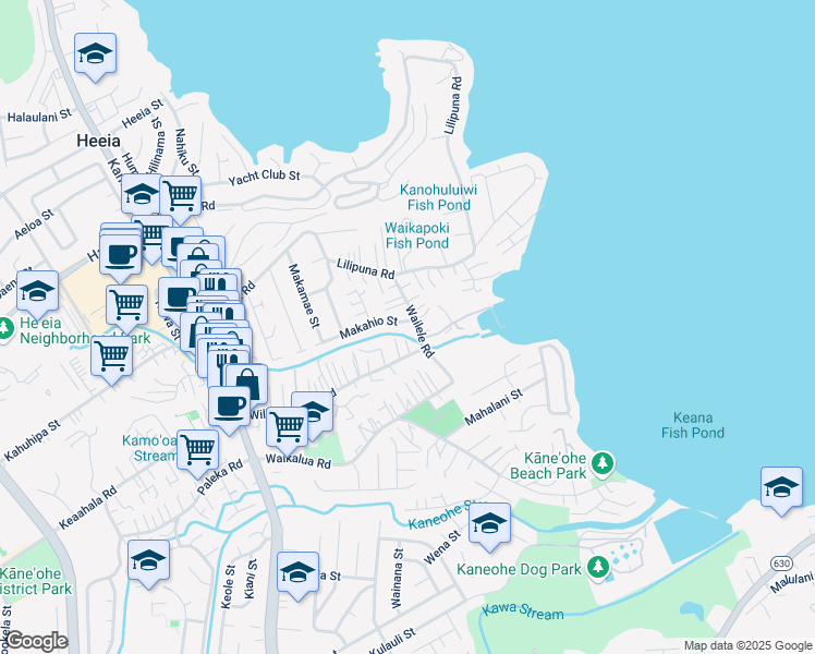 map of restaurants, bars, coffee shops, grocery stores, and more near 45-112 Makahio Street in Kaneohe