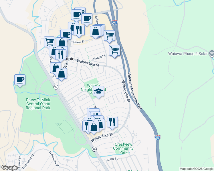 map of restaurants, bars, coffee shops, grocery stores, and more near 94-1156 Pulai Street in Waipahu