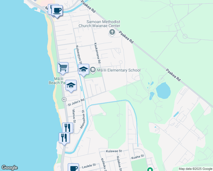 map of restaurants, bars, coffee shops, grocery stores, and more near 87-304D Saint John's Road in Waianae