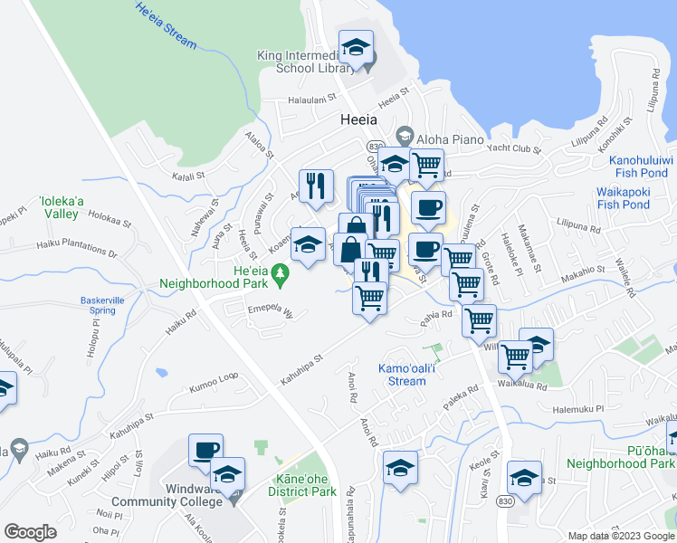 map of restaurants, bars, coffee shops, grocery stores, and more near 46-68 Alaloa Street in Kaneohe