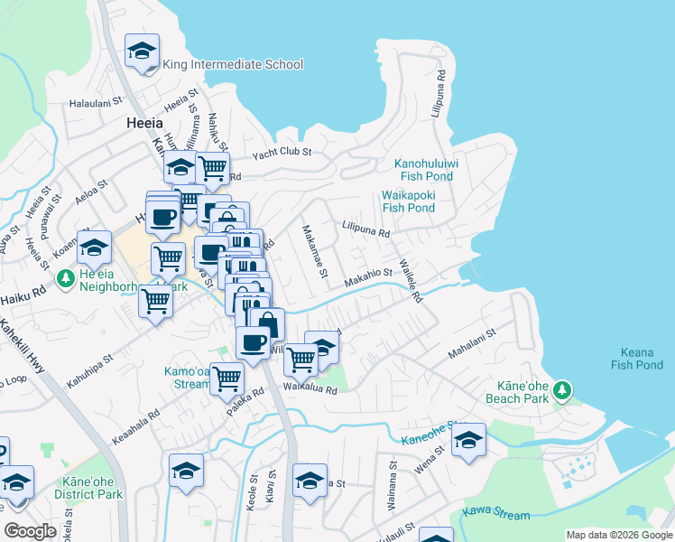 map of restaurants, bars, coffee shops, grocery stores, and more near 45-1122 Makaleha Street in Kaneohe