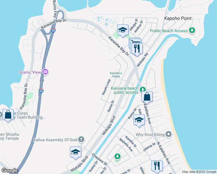 map of restaurants, bars, coffee shops, grocery stores, and more near 431 Ilimano Street in Kailua