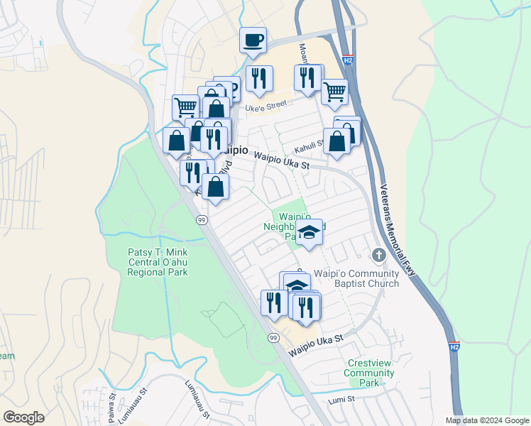 map of restaurants, bars, coffee shops, grocery stores, and more near 94-1071 Puana Street in Waipahu