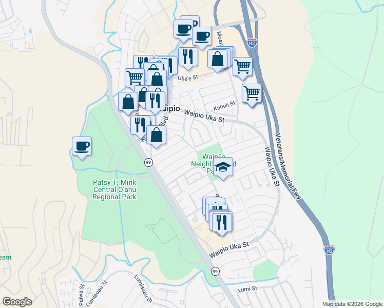 map of restaurants, bars, coffee shops, grocery stores, and more near 94-1071 Puana Street in Waipahu