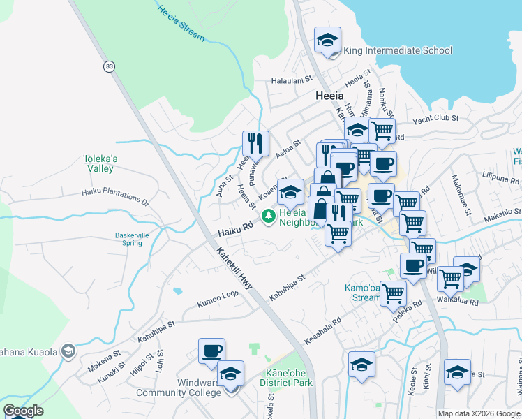 map of restaurants, bars, coffee shops, grocery stores, and more near 46-302 Heeia Street in Kaneohe