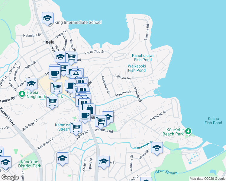 map of restaurants, bars, coffee shops, grocery stores, and more near 45-1122 Makaleha Street in Kaneohe