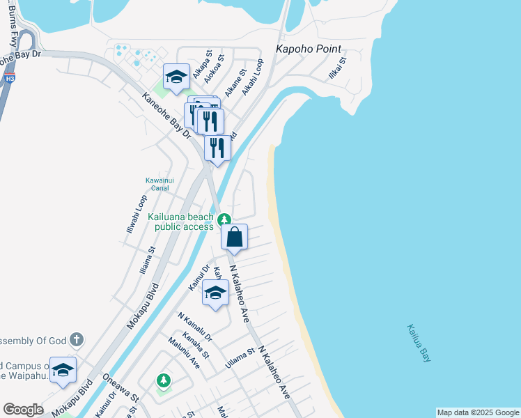 map of restaurants, bars, coffee shops, grocery stores, and more near 145 Kailuana Loop in Kailua