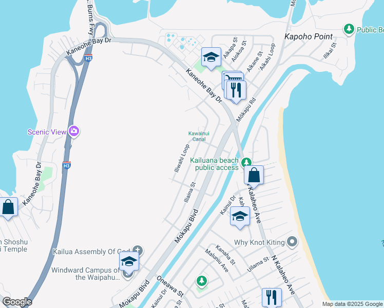 map of restaurants, bars, coffee shops, grocery stores, and more near 431 Ilimano Street in Kailua