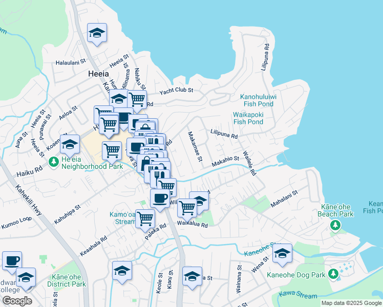 map of restaurants, bars, coffee shops, grocery stores, and more near 45-1130 Haleloke Place in Kaneohe
