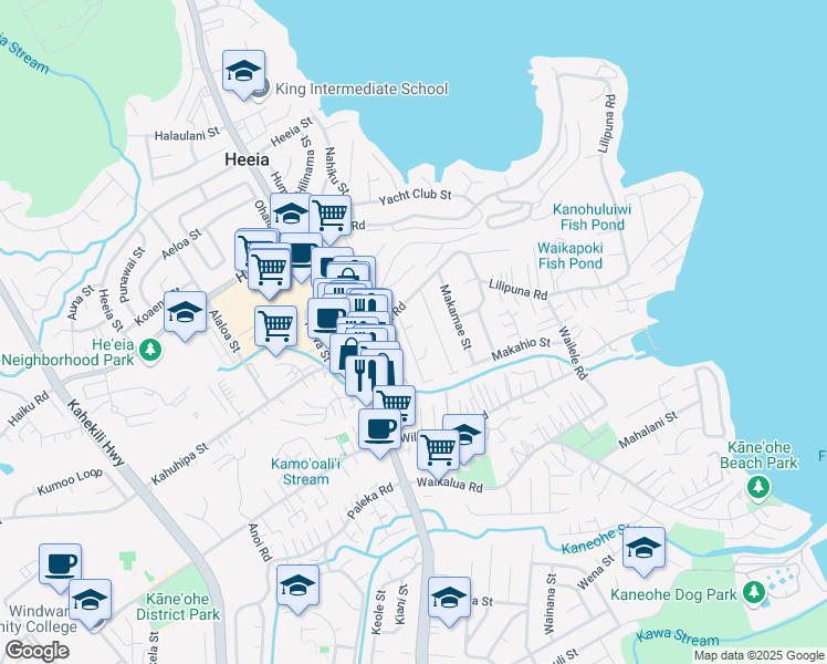 map of restaurants, bars, coffee shops, grocery stores, and more near 45-1118 Grote Road in Kaneohe