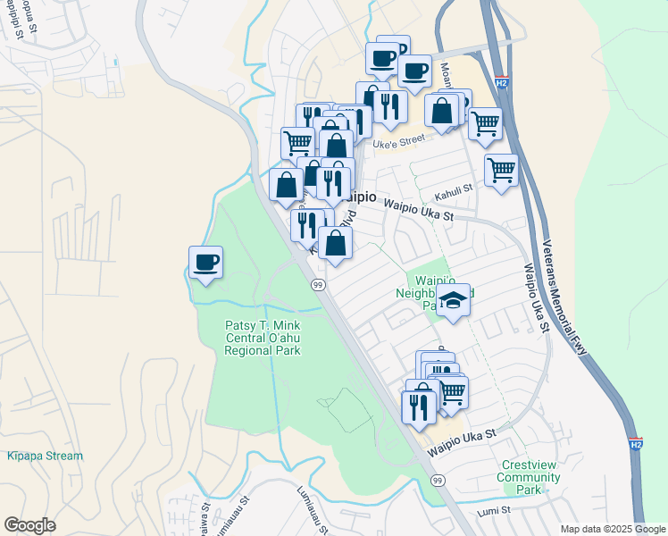 map of restaurants, bars, coffee shops, grocery stores, and more near 94-1005 Koliana Street in Waipahu