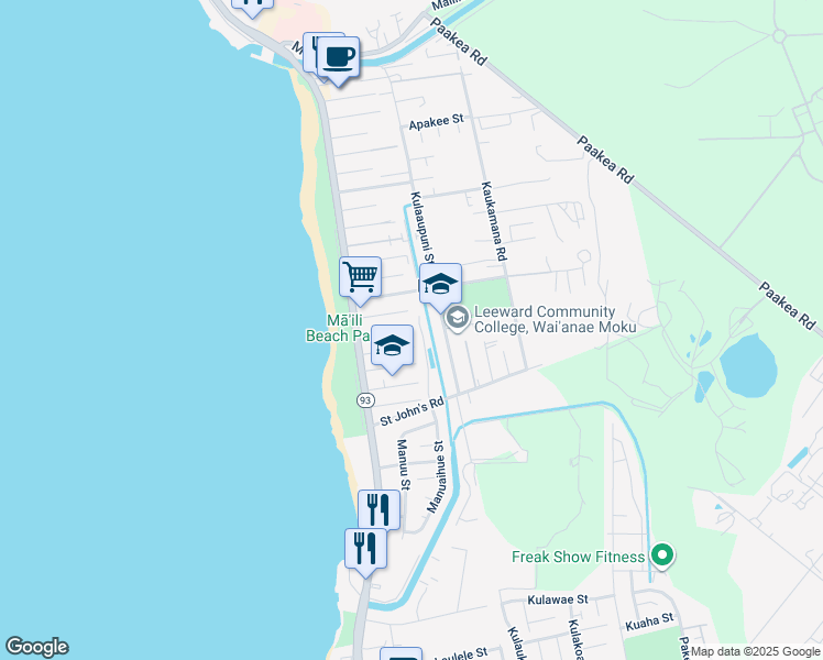 map of restaurants, bars, coffee shops, grocery stores, and more near Palani St in Maili
