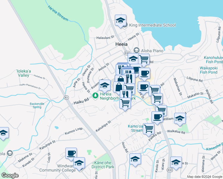 map of restaurants, bars, coffee shops, grocery stores, and more near 46064 Alaloa Street in Kaneohe
