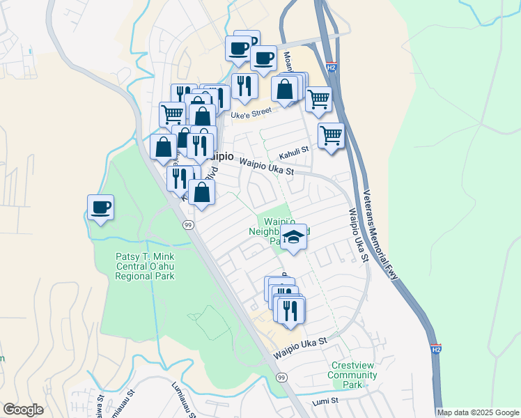 map of restaurants, bars, coffee shops, grocery stores, and more near 94-1071 Puana Street in Waipahu