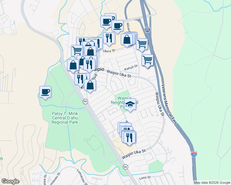 map of restaurants, bars, coffee shops, grocery stores, and more near 94-1071 Puana Street in Waipahu