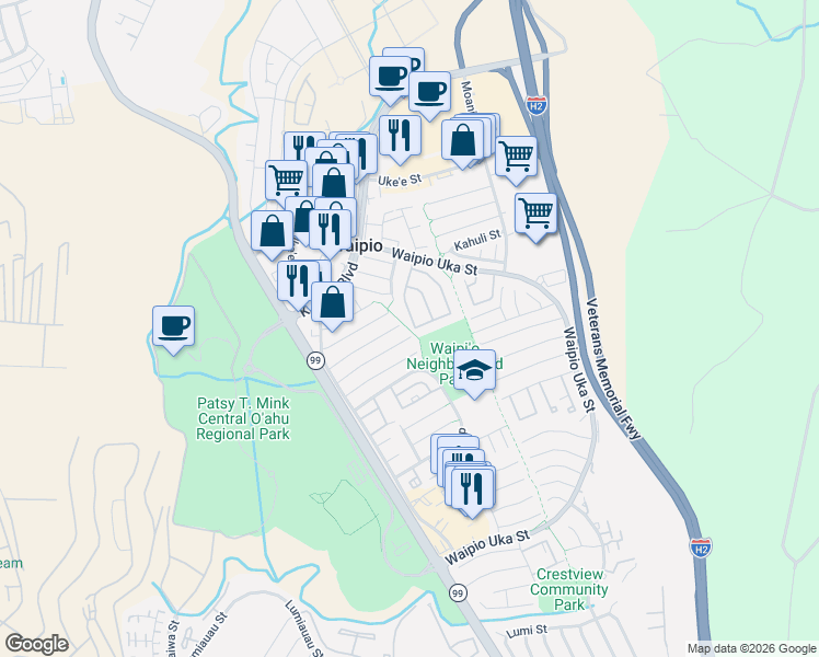map of restaurants, bars, coffee shops, grocery stores, and more near 94-1071 Puana Street in Waipahu