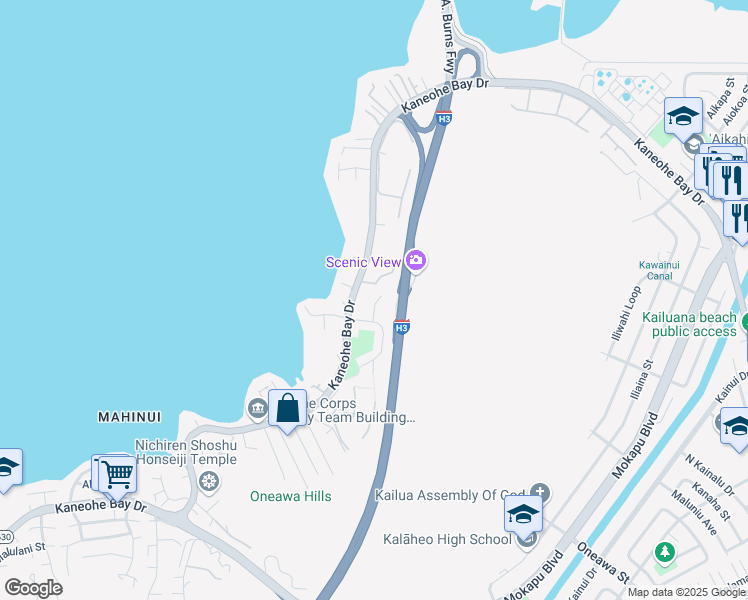 map of restaurants, bars, coffee shops, grocery stores, and more near 44-130 Mui Place in Kaneohe