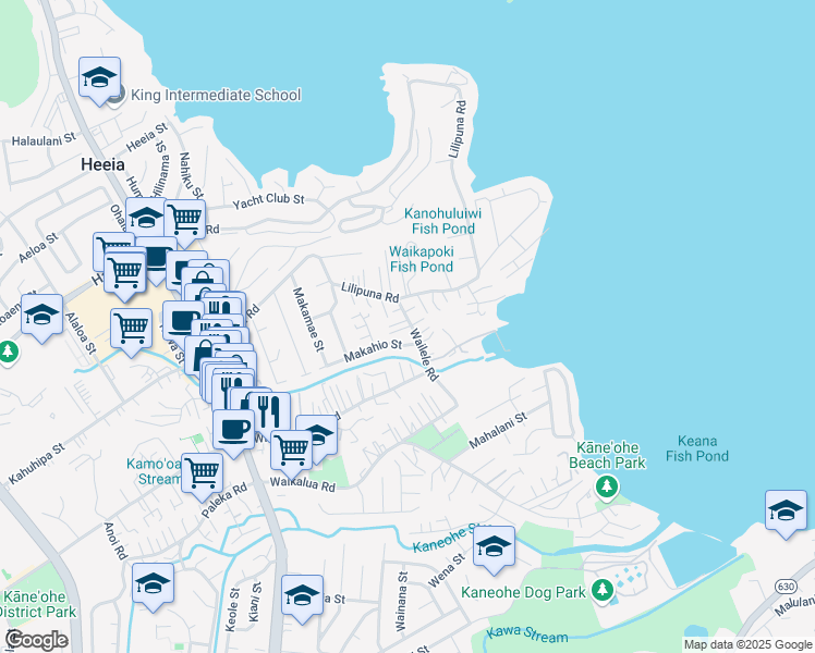map of restaurants, bars, coffee shops, grocery stores, and more near 45-112 Makahio Street in Kaneohe