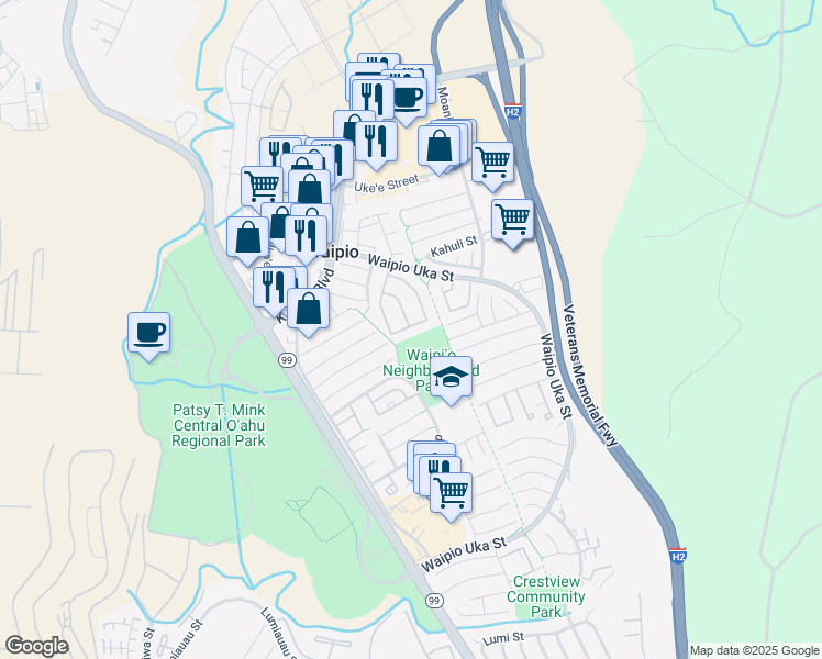 map of restaurants, bars, coffee shops, grocery stores, and more near 94-1352 Kulewa Loop in Waipahu