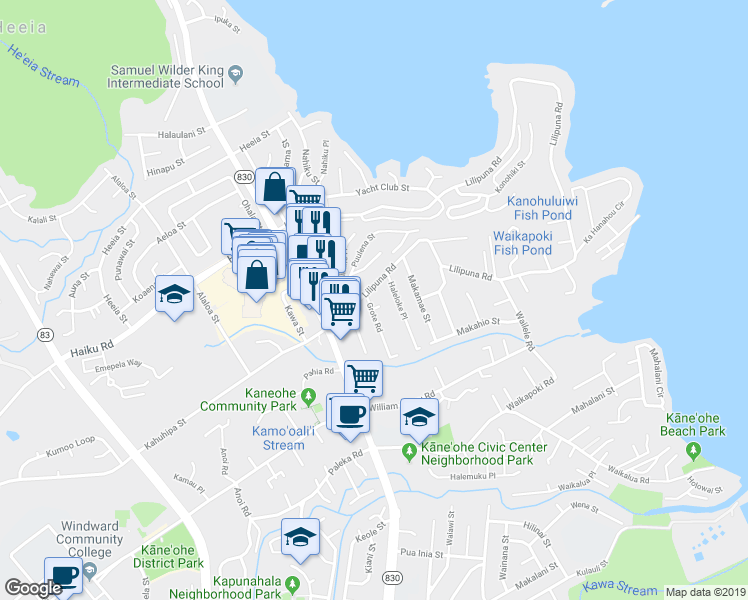 map of restaurants, bars, coffee shops, grocery stores, and more near 45-314 Lilipuna Road in Kaneohe