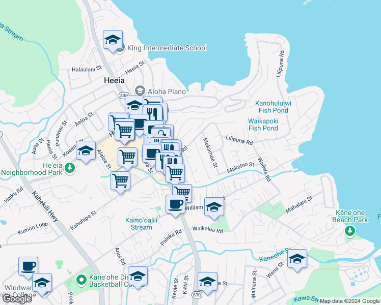 map of restaurants, bars, coffee shops, grocery stores, and more near 45-323 Grote Place in Kaneohe