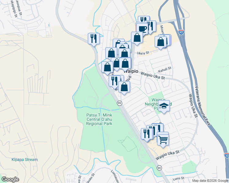 map of restaurants, bars, coffee shops, grocery stores, and more near 94-1014 Ka Uka Boulevard in Waipahu