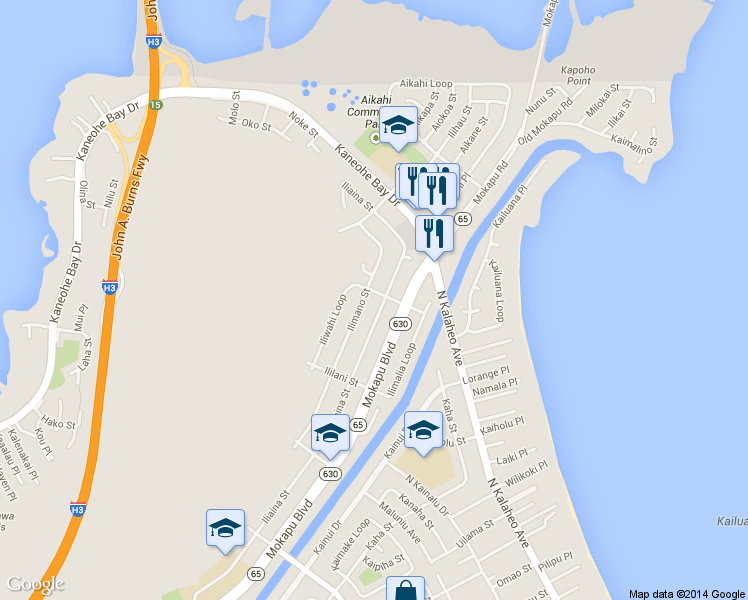 map of restaurants, bars, coffee shops, grocery stores, and more near 319 Iliwahi Loop in Kailua