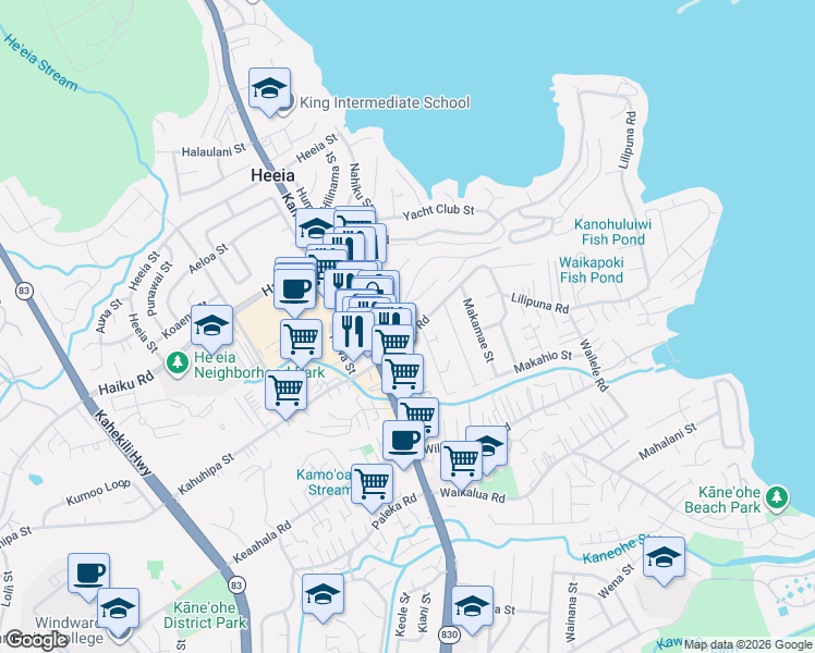 map of restaurants, bars, coffee shops, grocery stores, and more near 46-20 Aliikane Place in Kaneohe