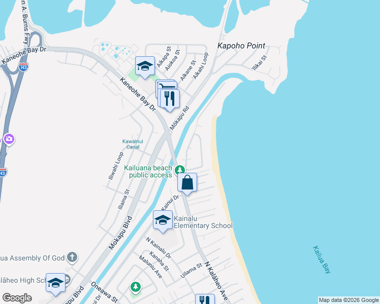 map of restaurants, bars, coffee shops, grocery stores, and more near 129 Kailulu Way in Kailua