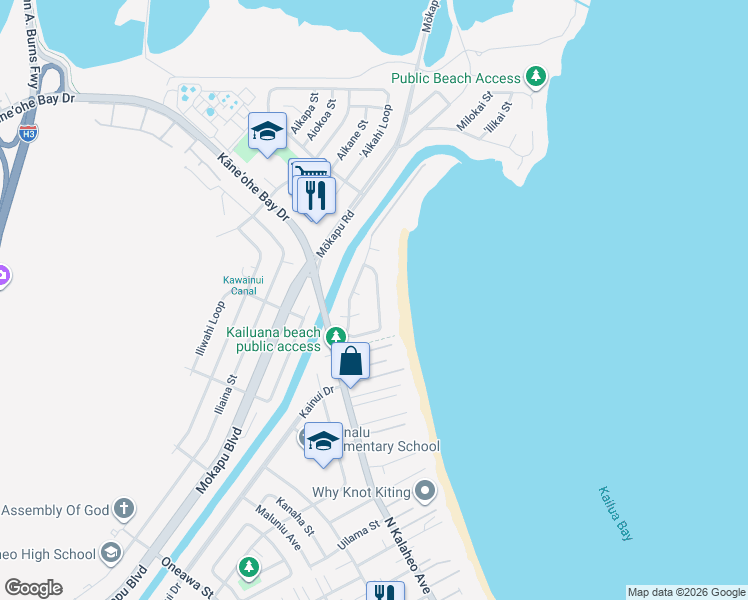 map of restaurants, bars, coffee shops, grocery stores, and more near 130 Kailuana Loop in Kailua
