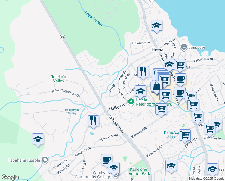 map of restaurants, bars, coffee shops, grocery stores, and more near 46-265 Heeia Street in Kaneohe