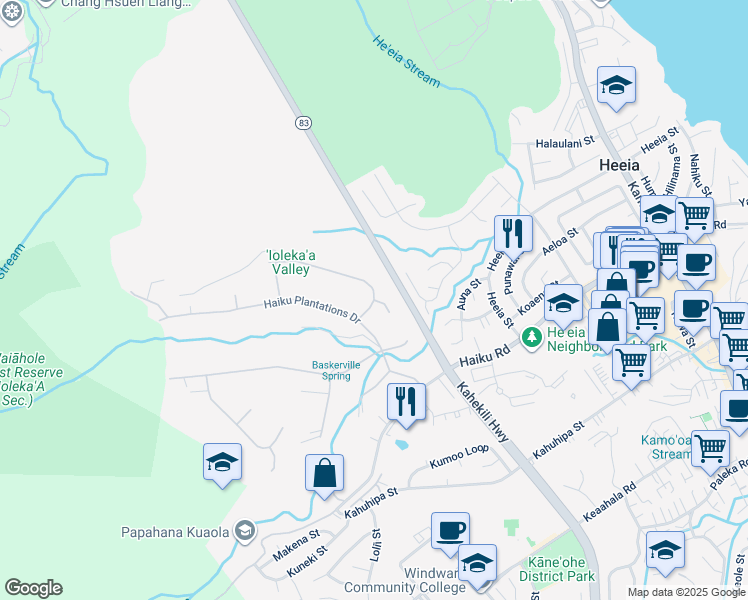 map of restaurants, bars, coffee shops, grocery stores, and more near 46 Holokaa Place in Kaneohe