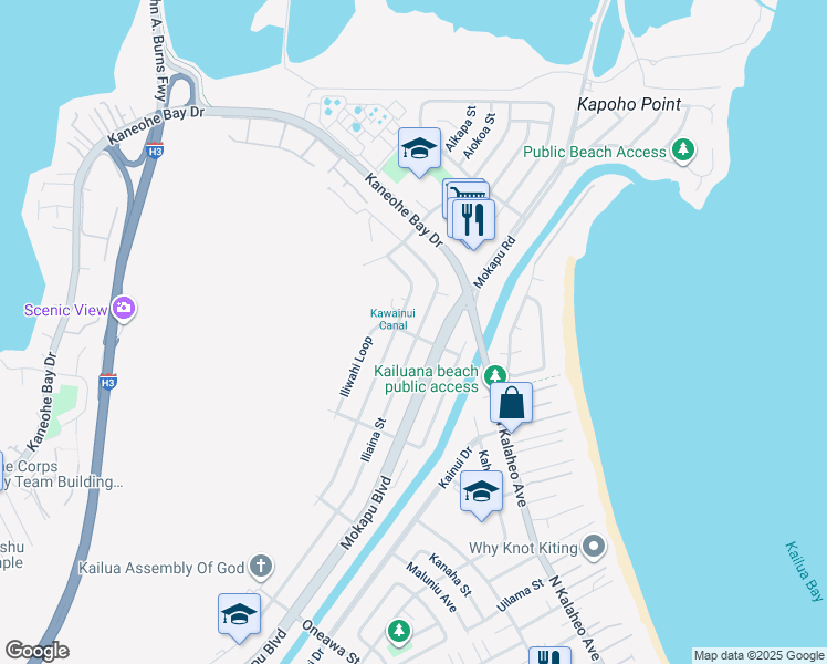 map of restaurants, bars, coffee shops, grocery stores, and more near 319 Iliwahi Loop in Kailua